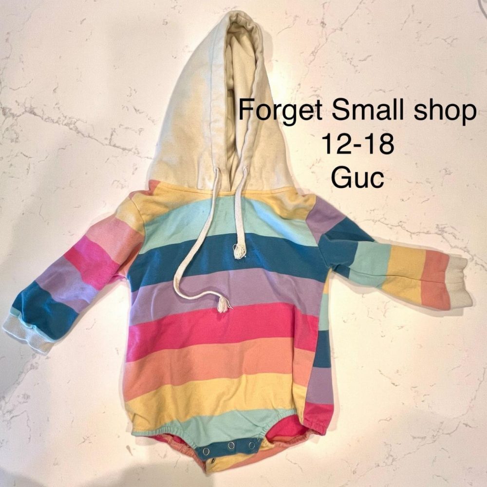 Rainbow striped hoodie romper with horizontal stripes in multiple colors #rainbo